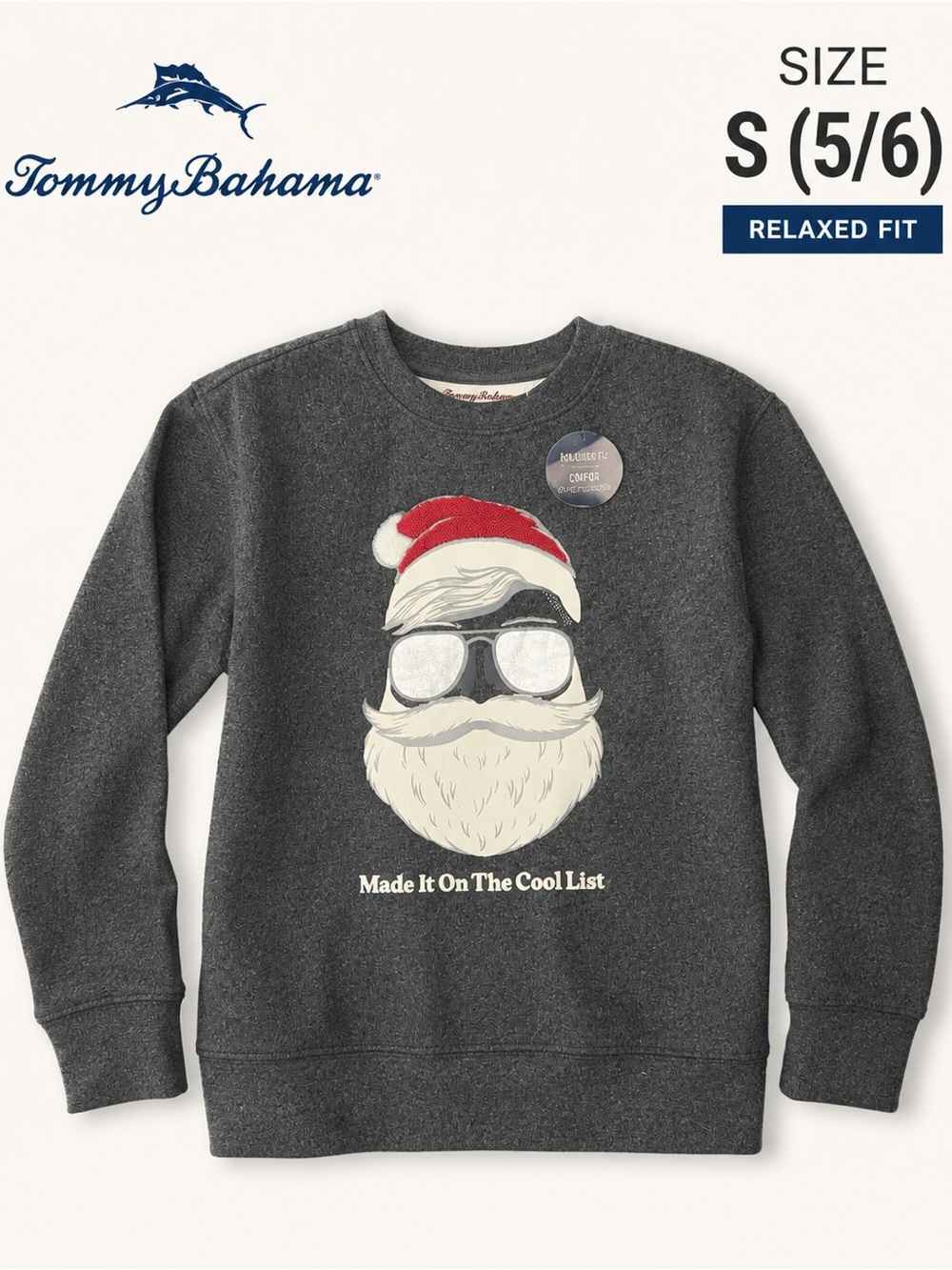 Tommy Bahama Charcoal Crewneck Sweater with Santa Graphic (Red & Cream Accent)